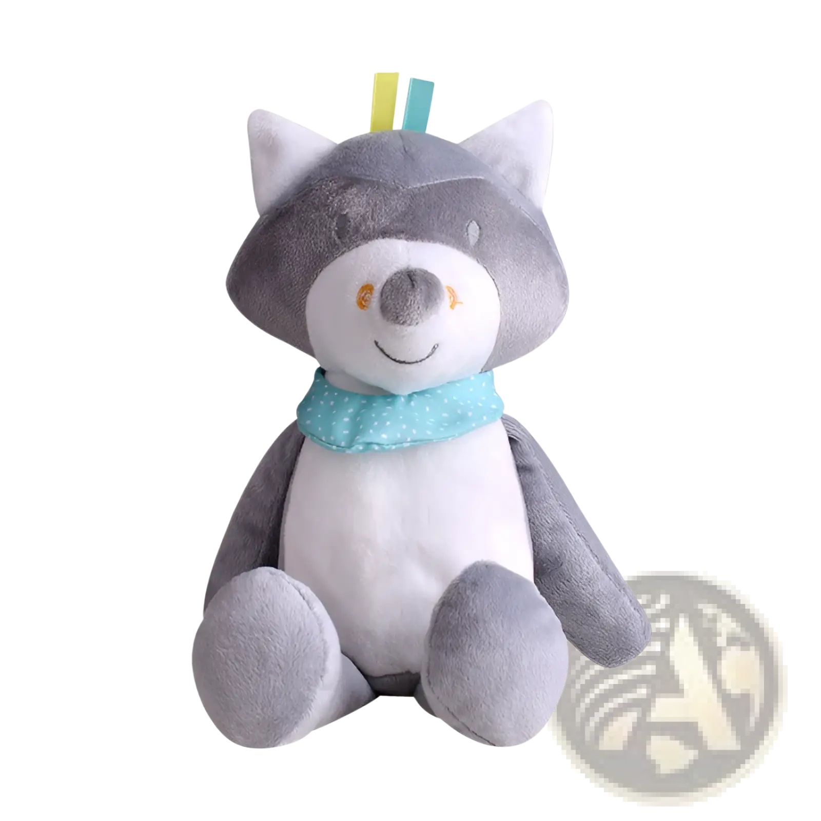Plush animal comfort lamp musical baby toy featuring a soft gray and white plush raccoon with a blue scarf