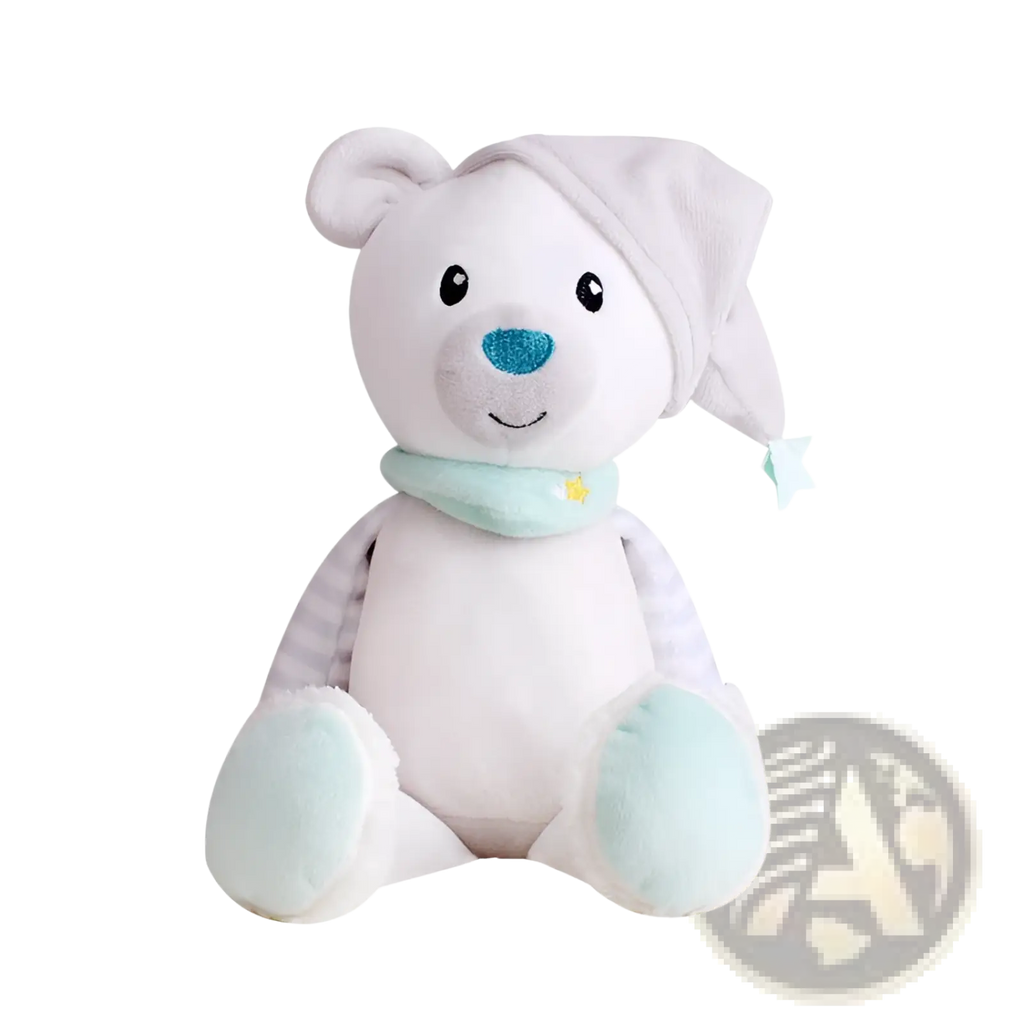 A soft white plush bear comfort lamp with a gray sleep cap and mint green scarf for musical baby toy use