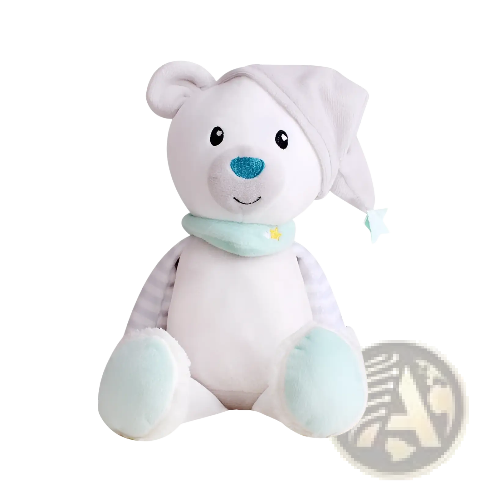 A soft white plush bear comfort lamp with a gray sleep cap and mint green scarf for musical baby toy use