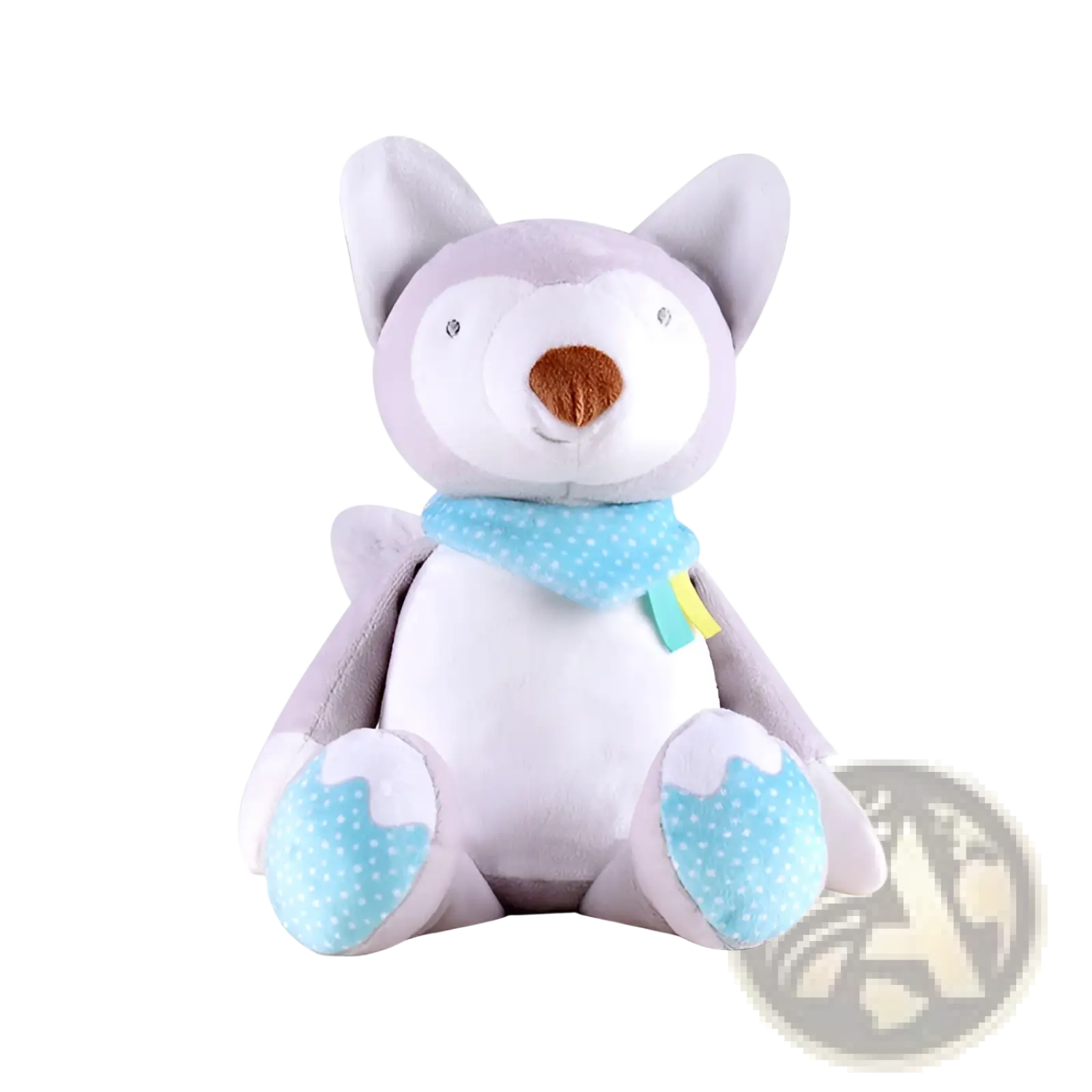 Soft lavender plush husky comfort lamp with white belly and blue polka-dot scarf for baby musical toy