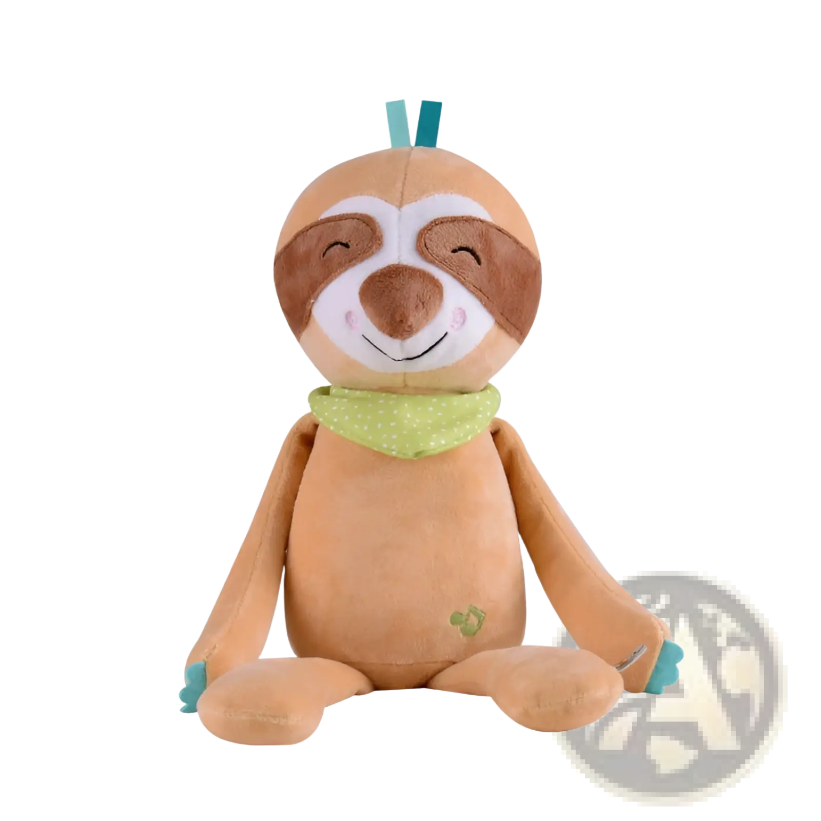 A soft tan sloth plush animal comfort lamp musical baby toy with brown markings green polka-dot scarf and teal accents