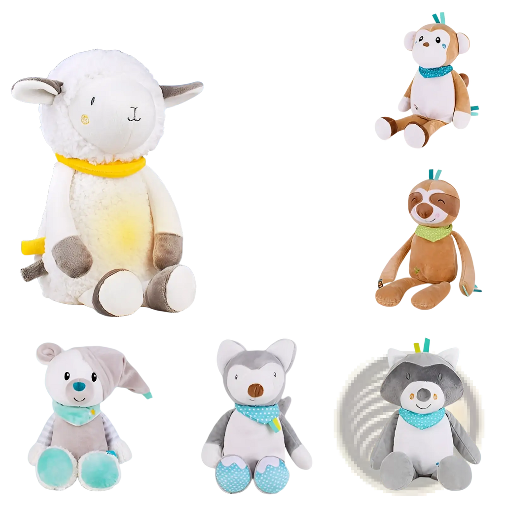 White plush sheep comfort lamp with yellow scarf and glowing feature musical baby toy for soothing play