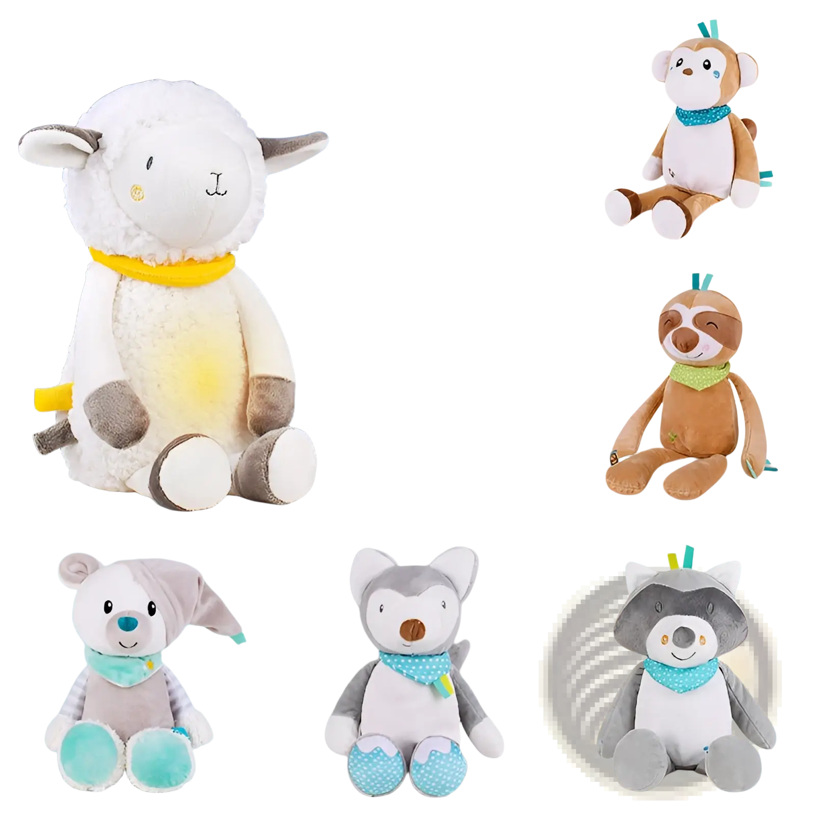 White plush sheep comfort lamp with yellow scarf and glowing feature musical baby toy for soothing play