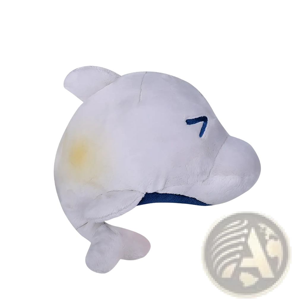 White plush dolphin comfort lamp baby toy with blue embroidered eye and yellowish stain on its side