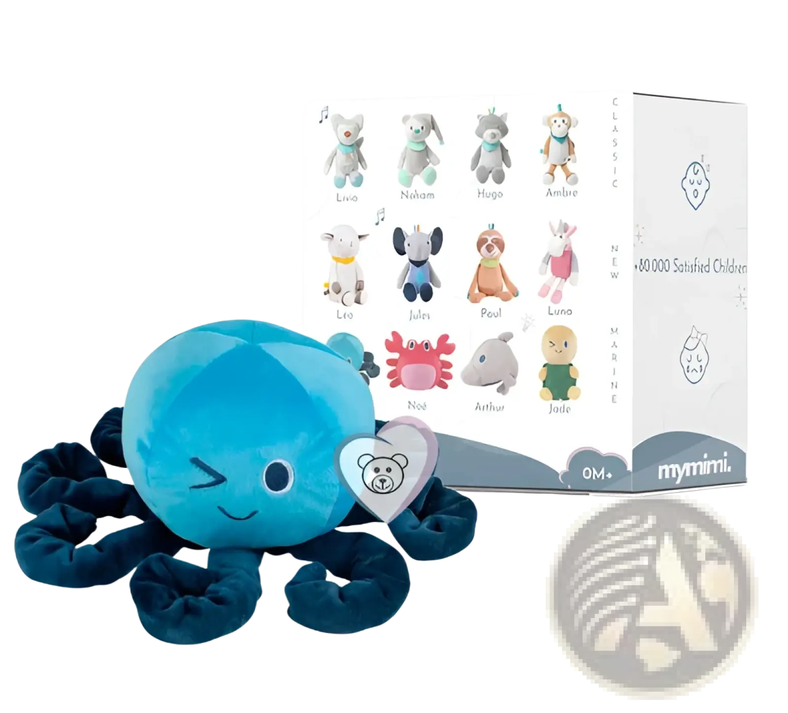 Plush blue octopus comfort lamp musical baby toy with navy tentacles and heart-shaped bear tag for soothing play