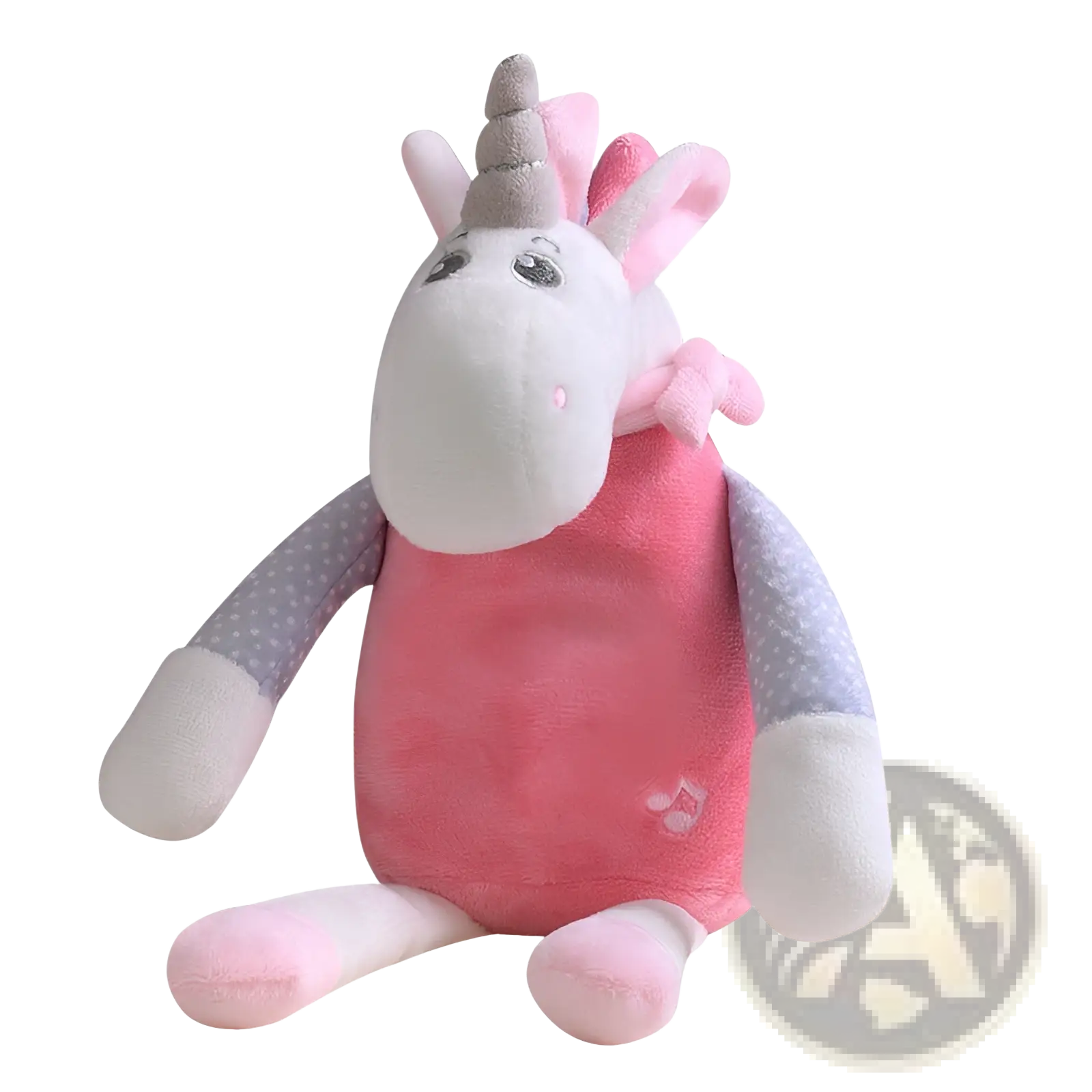 Plush animal comfort lamp musical baby toy featuring a soft pink unicorn with gray horn and polka-dotted arms
