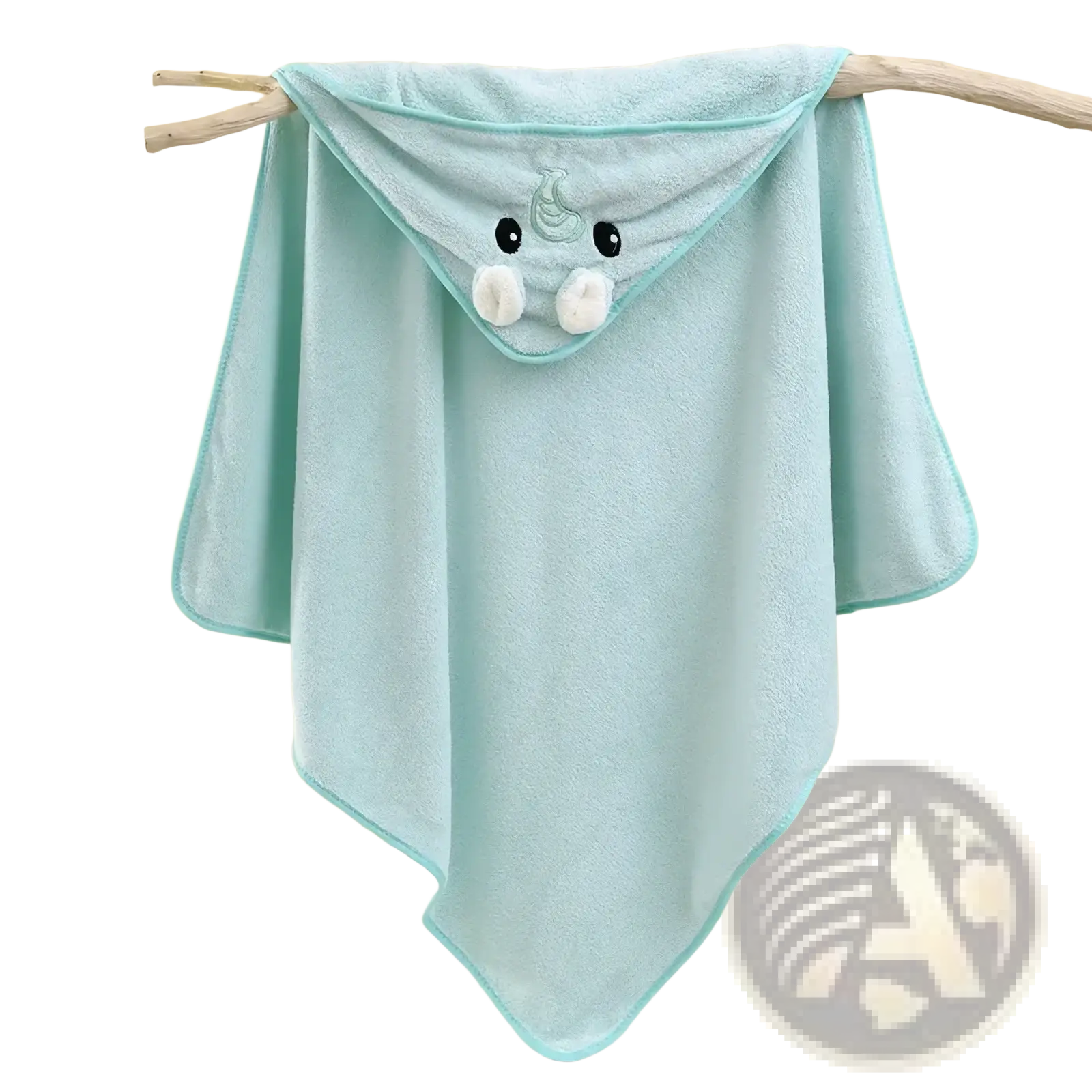 A soft mint green plush animal hooded baby bath towel with a cute elephant face and white pom pom tusks
