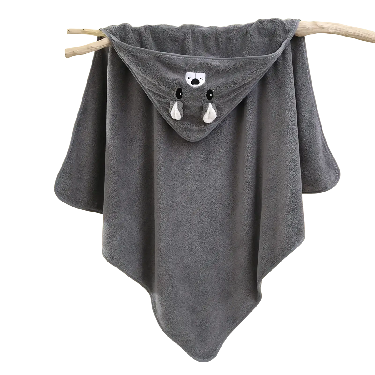 Gray plush animal hooded baby bath towel with a soft hood featuring a cute bear face design on the front
