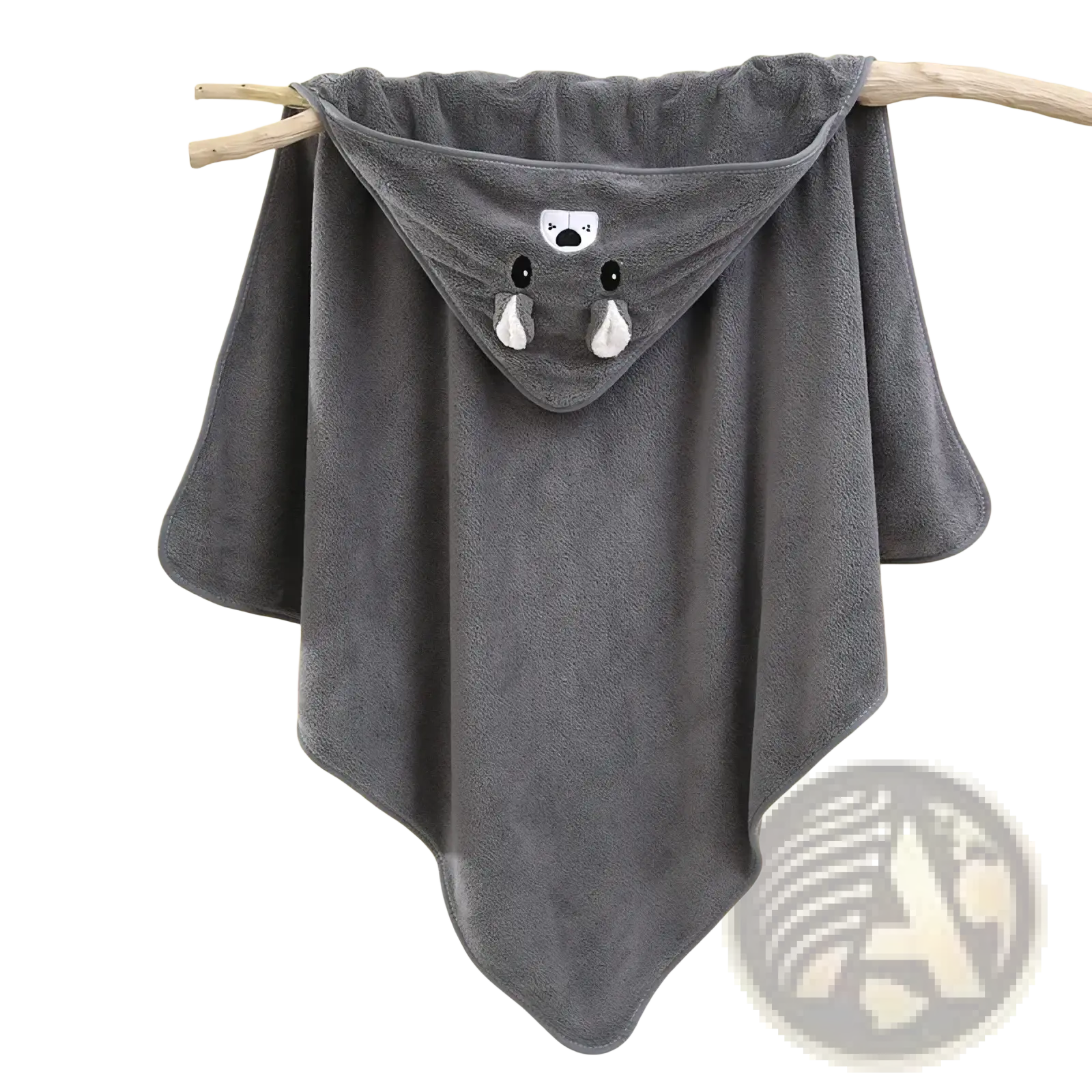 Gray plush animal hooded baby bath towel with a soft hood featuring a cute bear face design on the front