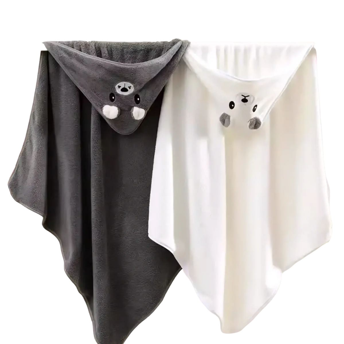 Plush animal hooded baby bath towels in gray and white with embroidered bear faces made of soft plush fabric hanging side by side