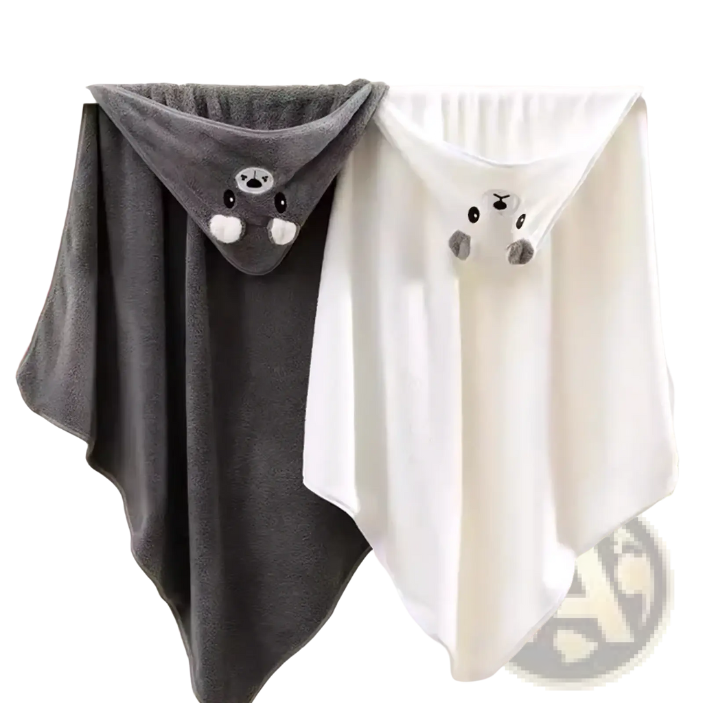 Plush animal hooded baby bath towels in gray and white with embroidered bear faces made of soft plush fabric hanging side by side