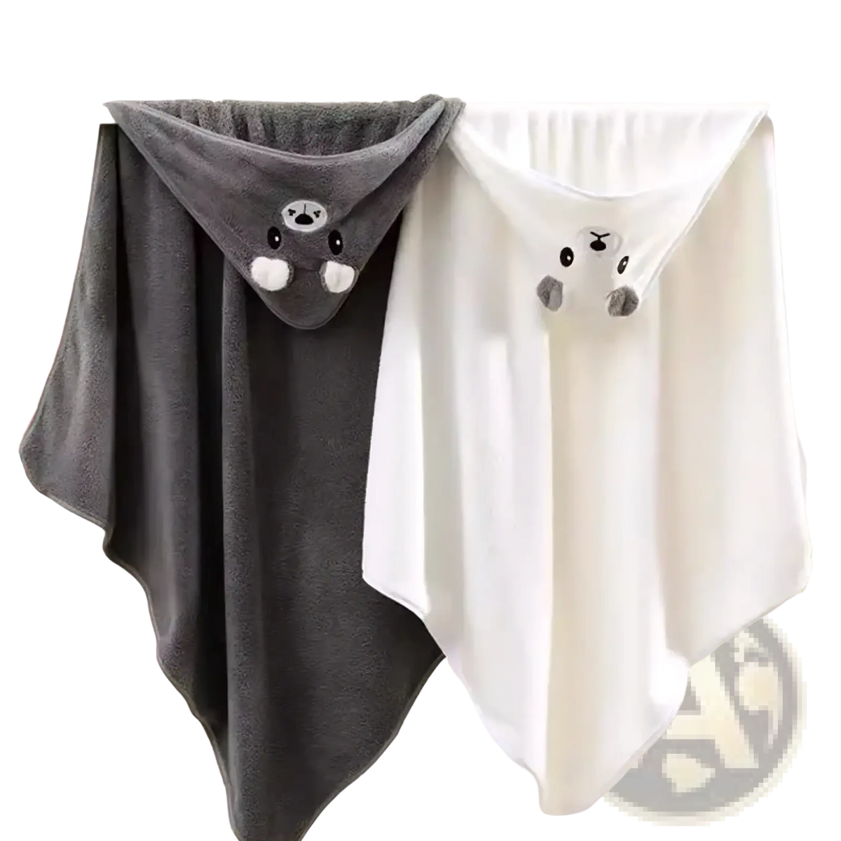 Plush animal hooded baby bath towels in gray and white with embroidered bear faces made of soft plush fabric hanging side by side