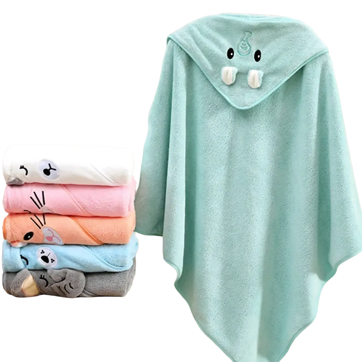 Mint green plush animal hooded baby bath towel with embroidered cartoon face featuring black eyes and white tusks