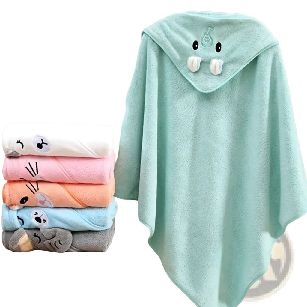 Mint green plush animal hooded baby bath towel with embroidered cartoon face featuring black eyes and white tusks