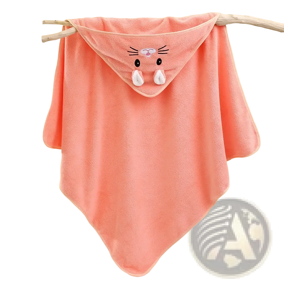 A soft coral-colored plush animal hooded baby bath towel with a cute embroidered bunny face on the hood