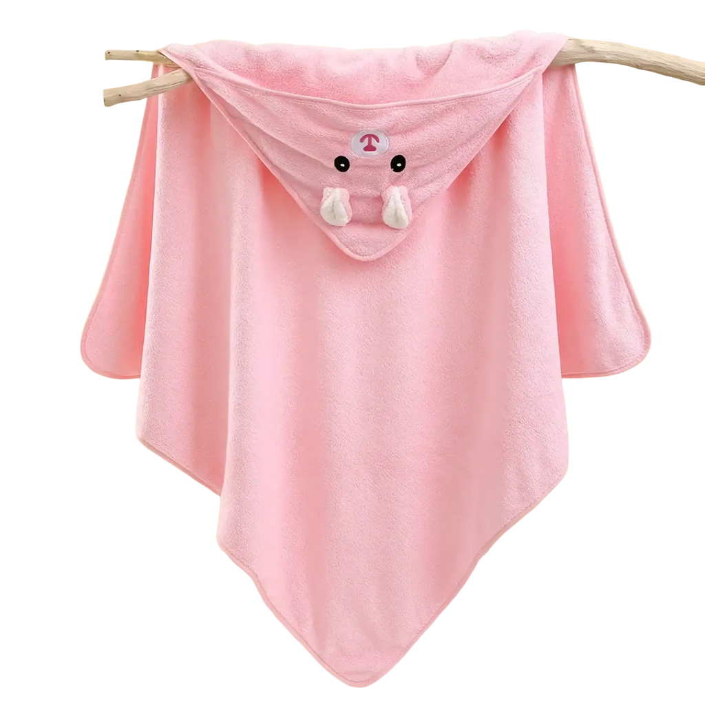 Pink plush animal hooded baby bath towel with embroidered bunny face black eyes and white ears