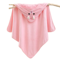 Pink plush animal hooded baby bath towel with embroidered bunny face black eyes and white ears