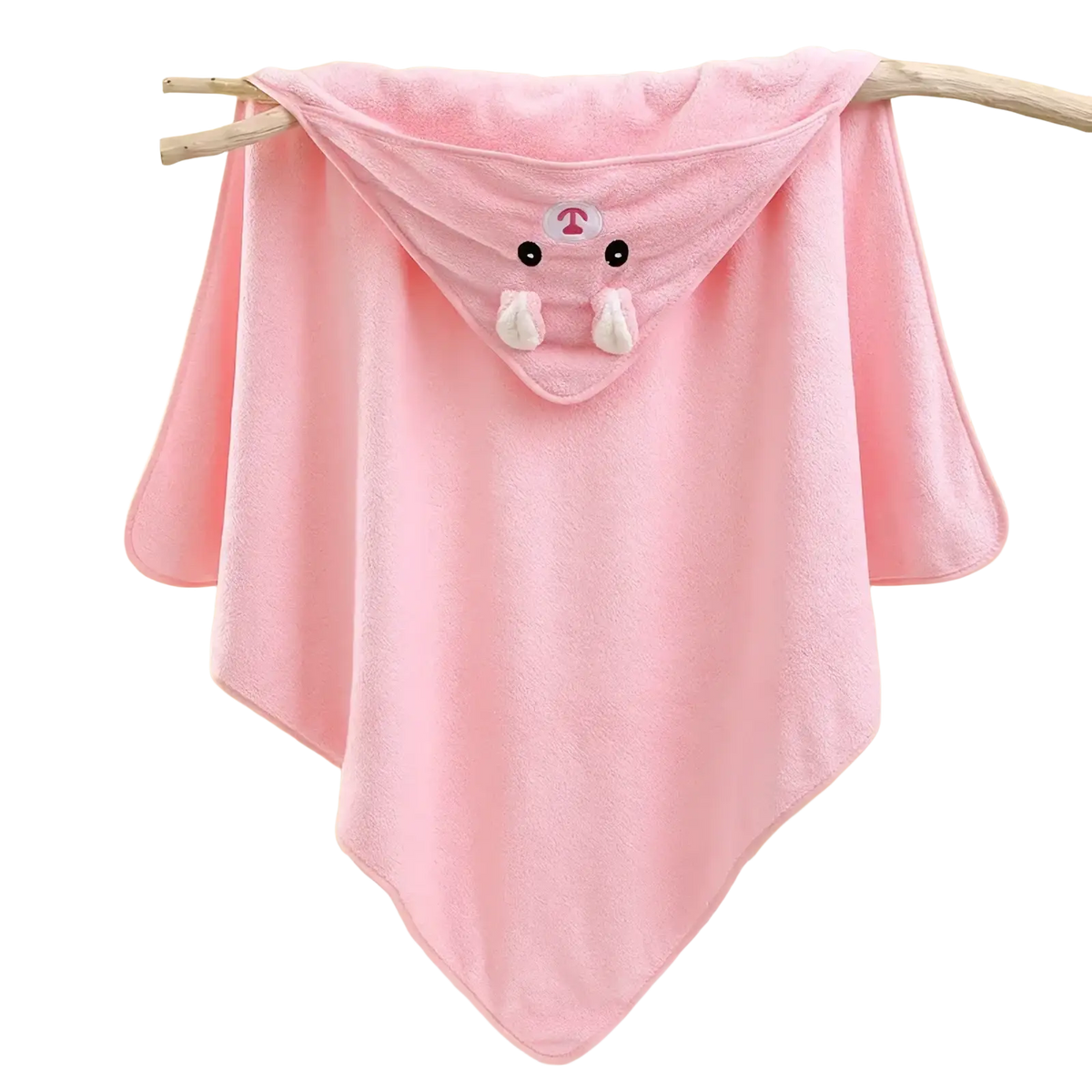 Pink plush animal hooded baby bath towel with embroidered bunny face black eyes and white ears