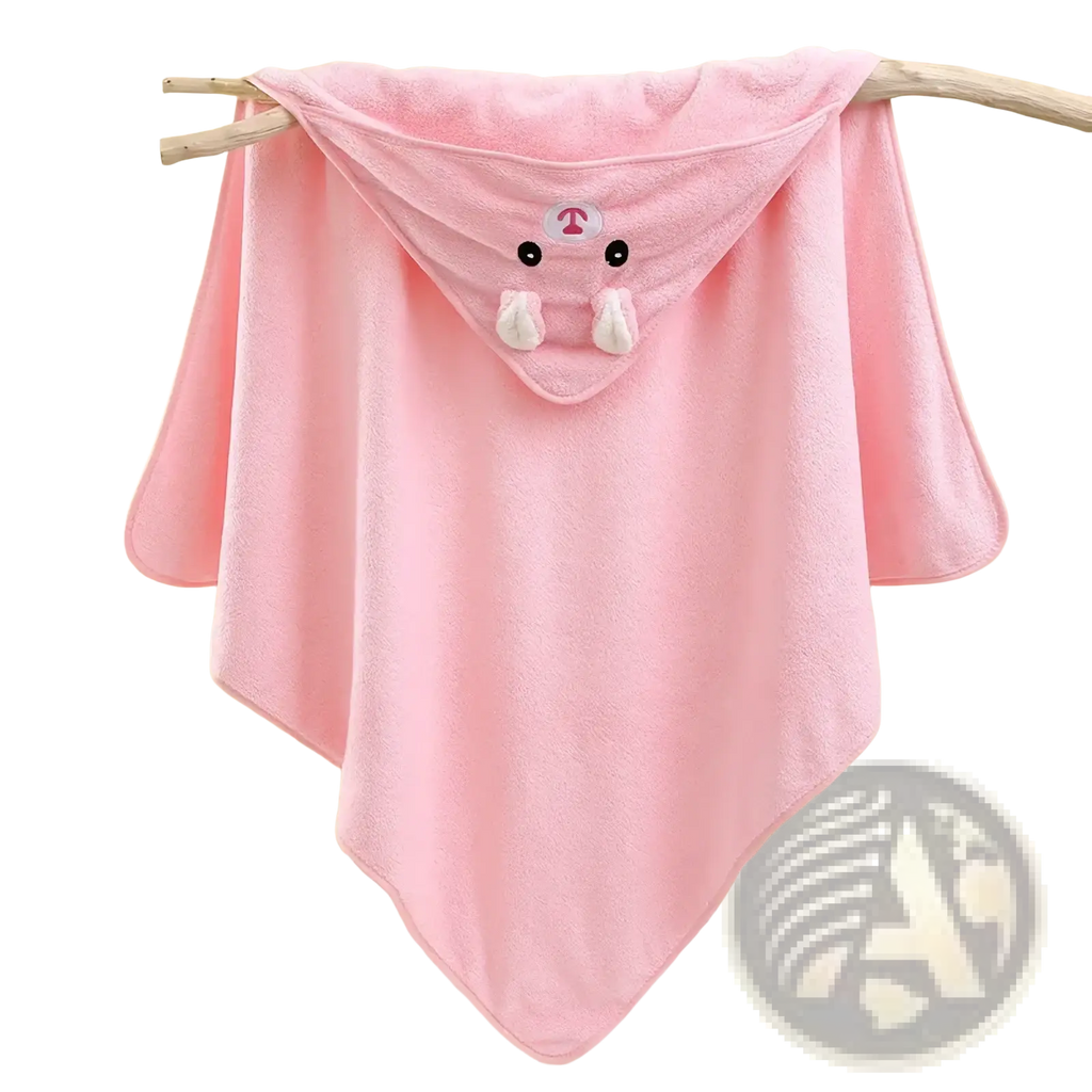 Pink plush animal hooded baby bath towel with embroidered bunny face black eyes and white ears