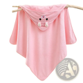 Pink plush animal hooded baby bath towel with embroidered bunny face black eyes and white ears