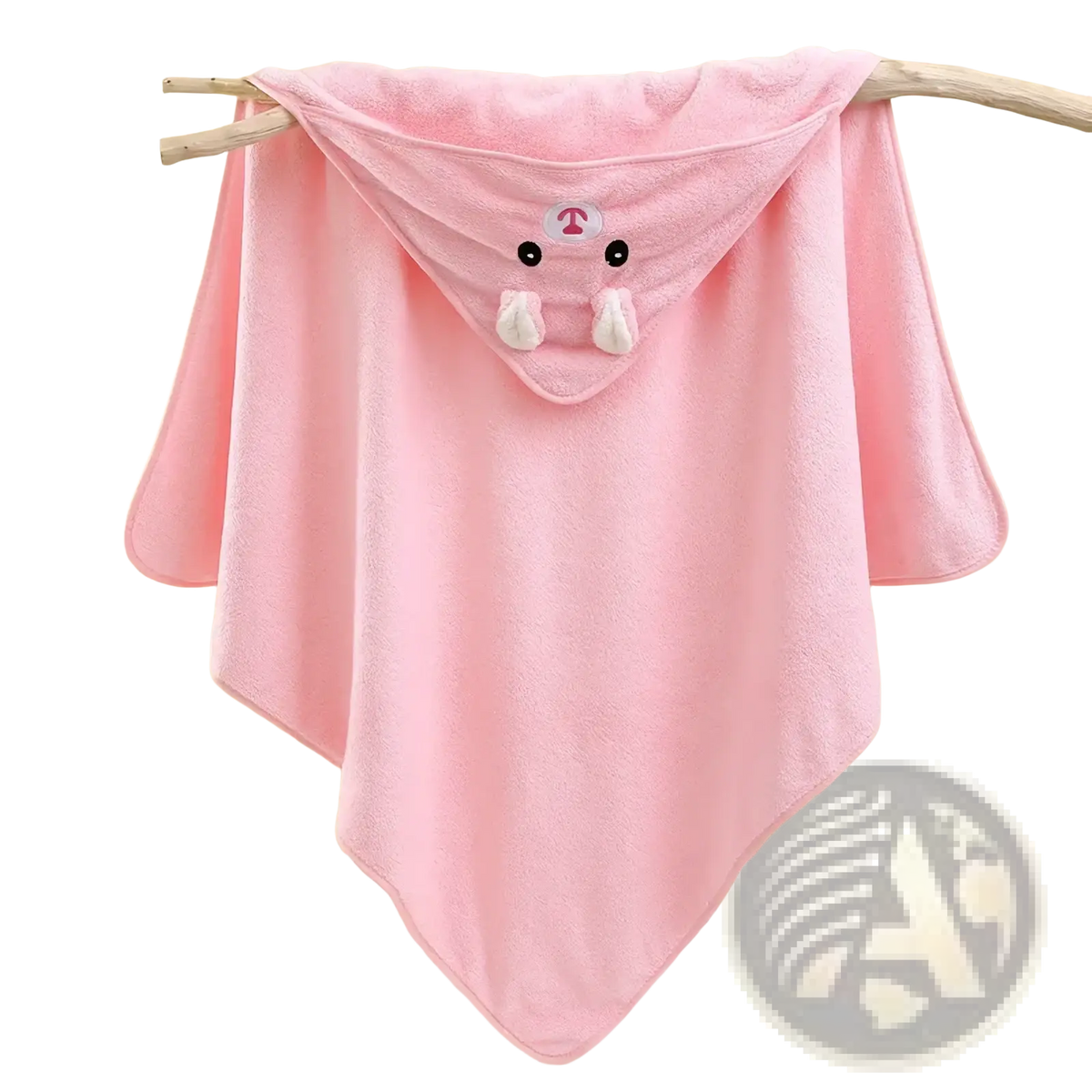 Pink plush animal hooded baby bath towel with embroidered bunny face black eyes and white ears