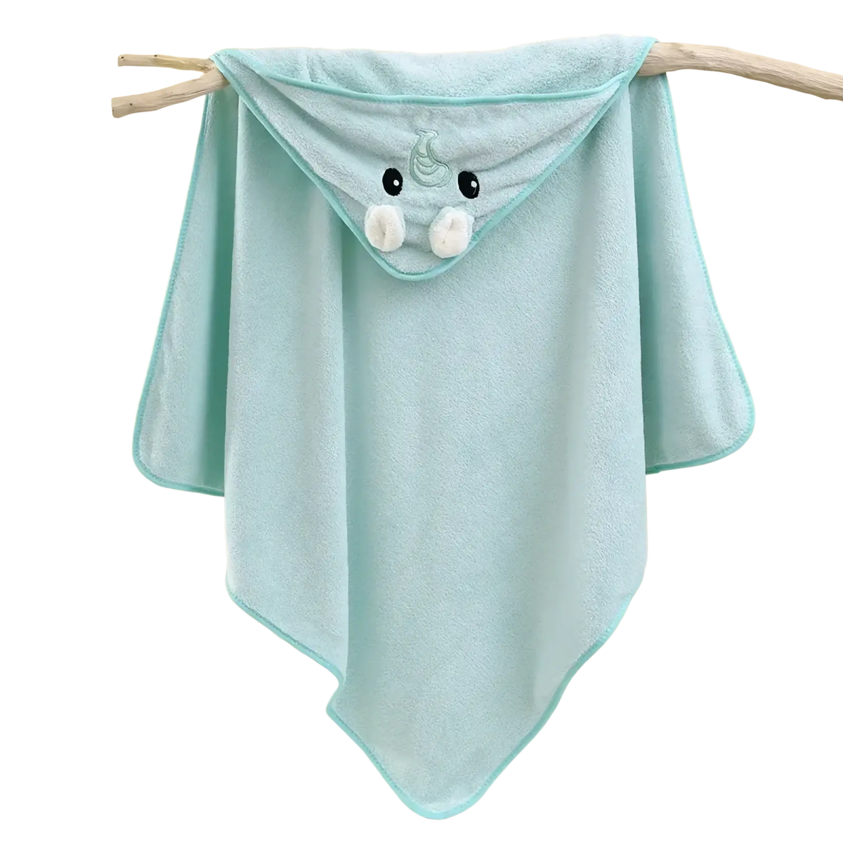 A soft mint green plush animal hooded baby bath towel with a cute elephant face and white pom pom tusks