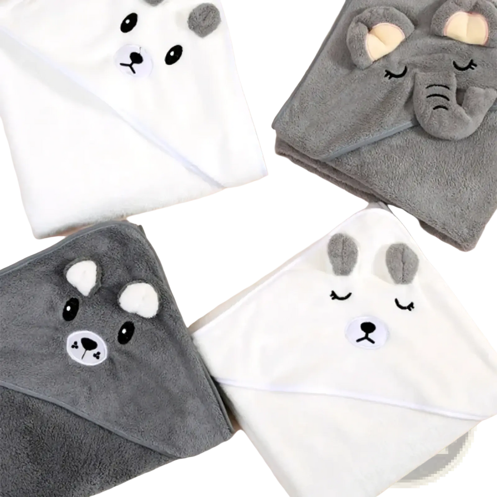Plush animal hooded baby bath towel set in soft white and gray cotton featuring embroidered bear elephant and dog faces