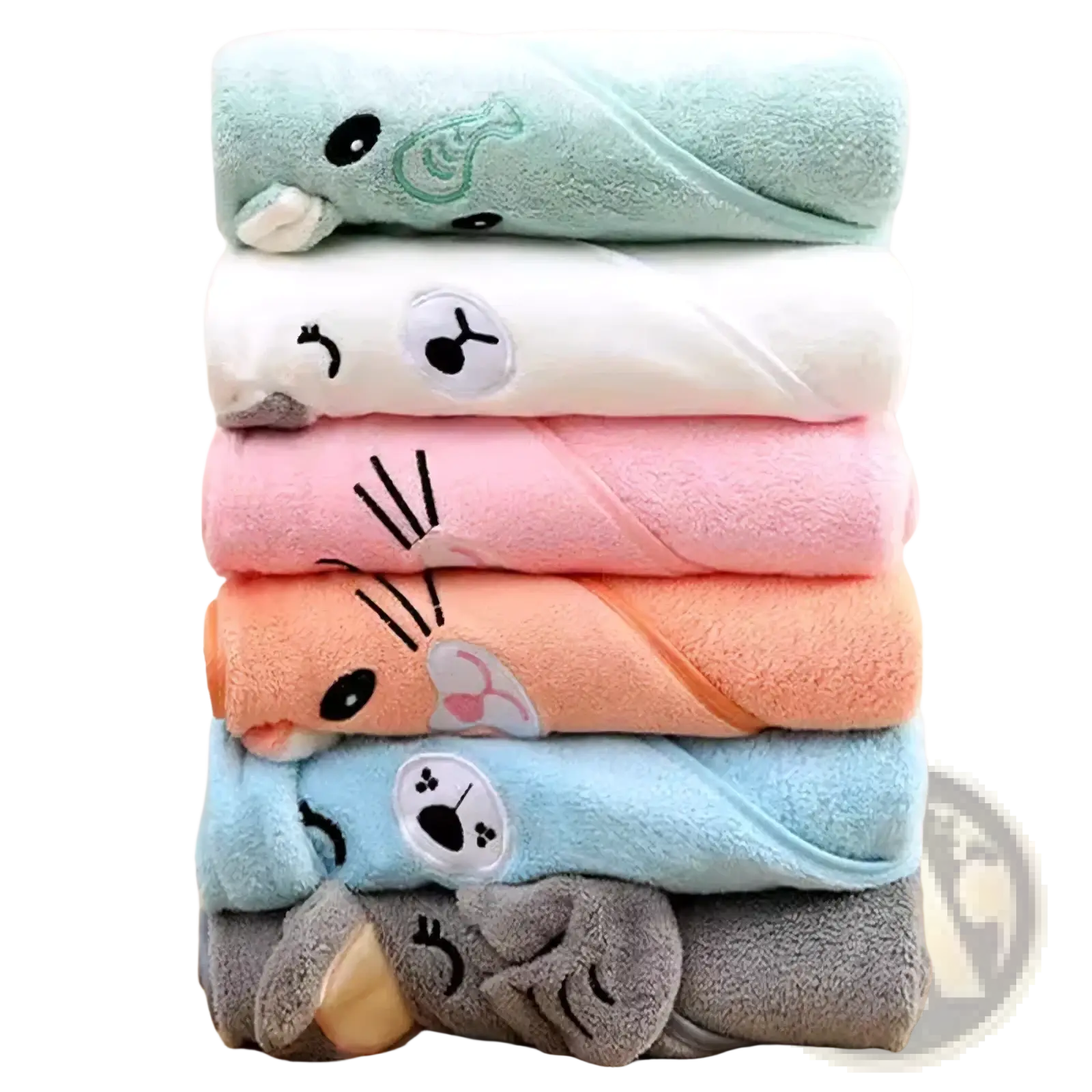 Stack of pastel plush animal hooded baby bath towels made of soft material for gentle infant drying