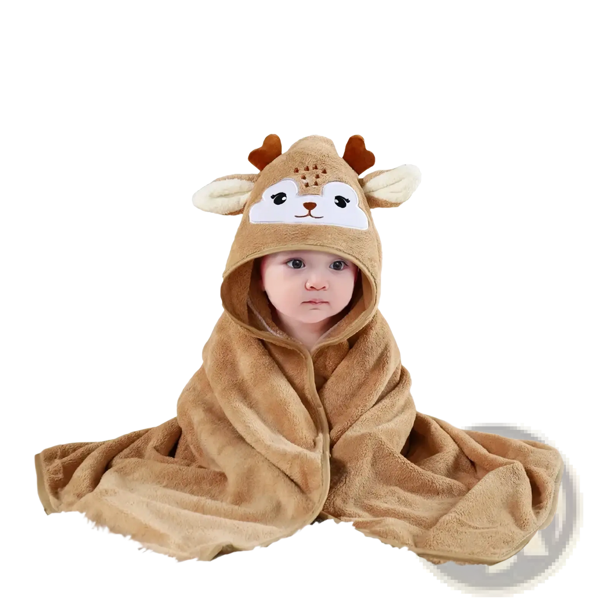 A soft tan plush animal hooded baby bathrobe and towel with a cute deer face and antlers on the hood