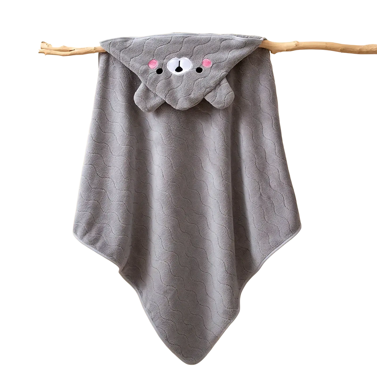 Gray plush animal hooded baby bathrobe and towel with a bear face hood featuring pink cheeks and black eyes