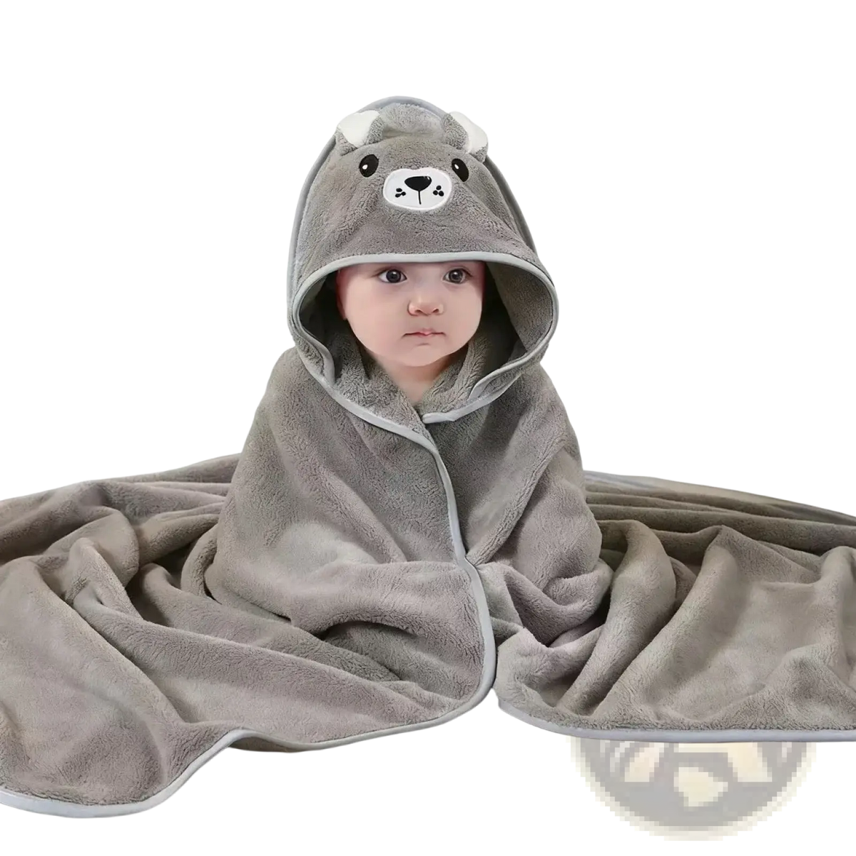 Gray plush animal hooded baby bathrobe and towel with white trim and embroidered bear facial features for infants
