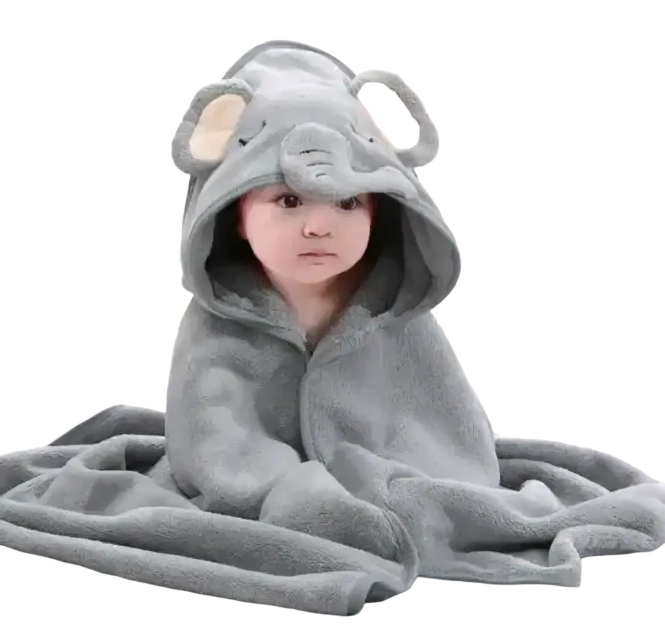 Plush animal hooded baby bathrobe and towel in gray elephant design with soft plush material and embroidered facial details