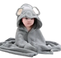 Plush animal hooded baby bathrobe and towel in gray elephant design with soft plush material and embroidered facial details