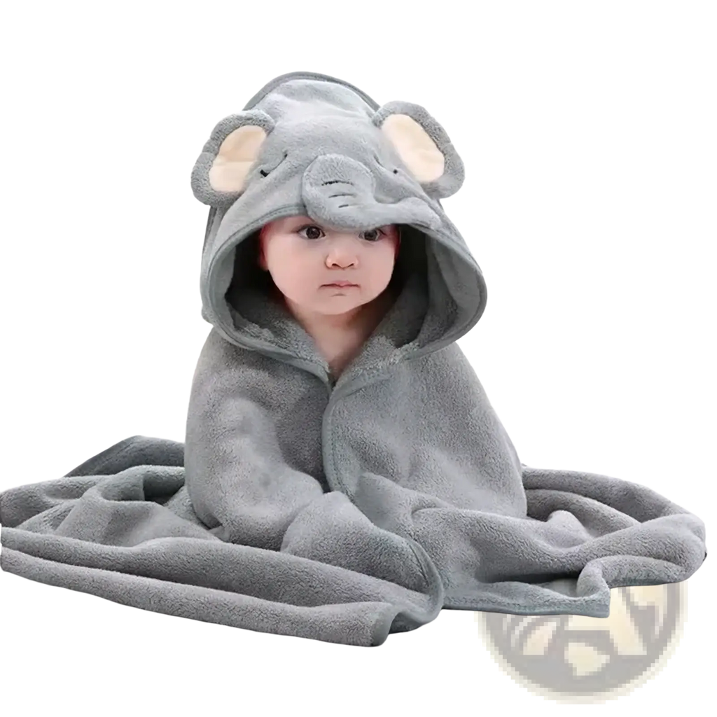 Gray plush elephant-themed hooded baby bathrobe and towel with soft fluffy texture and embroidered facial details