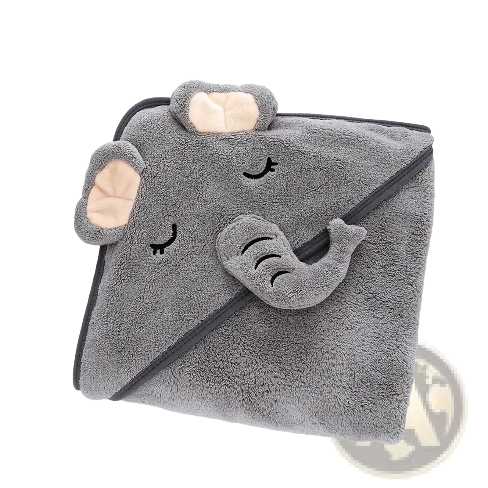 Gray plush animal hooded baby bathrobe and towel with soft fluffy texture and embroidered elephant facial features