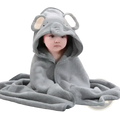 Plush animal hooded baby bathrobe and towel in gray elephant design with soft plush material and embroidered facial details