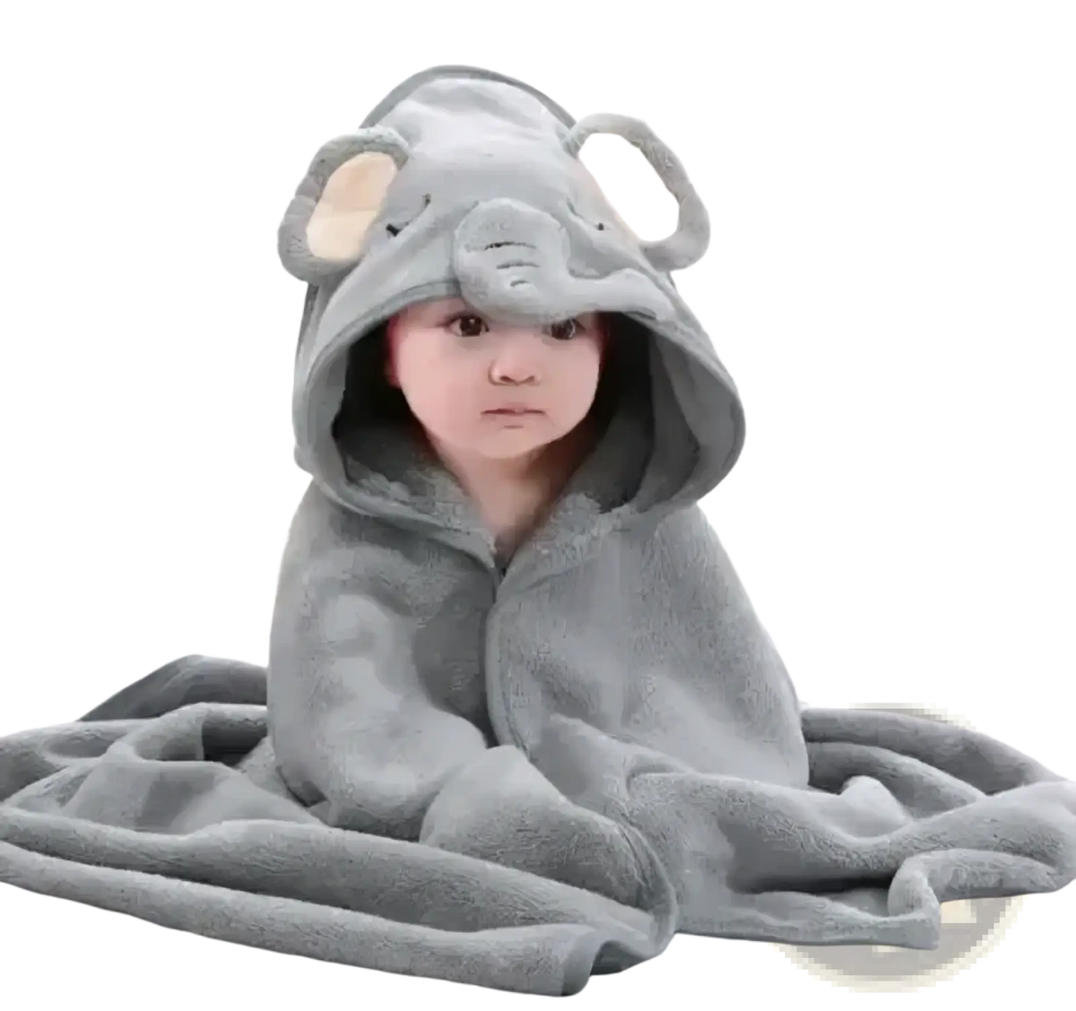 Plush animal hooded baby bathrobe and towel in gray elephant design with soft plush material and embroidered facial details