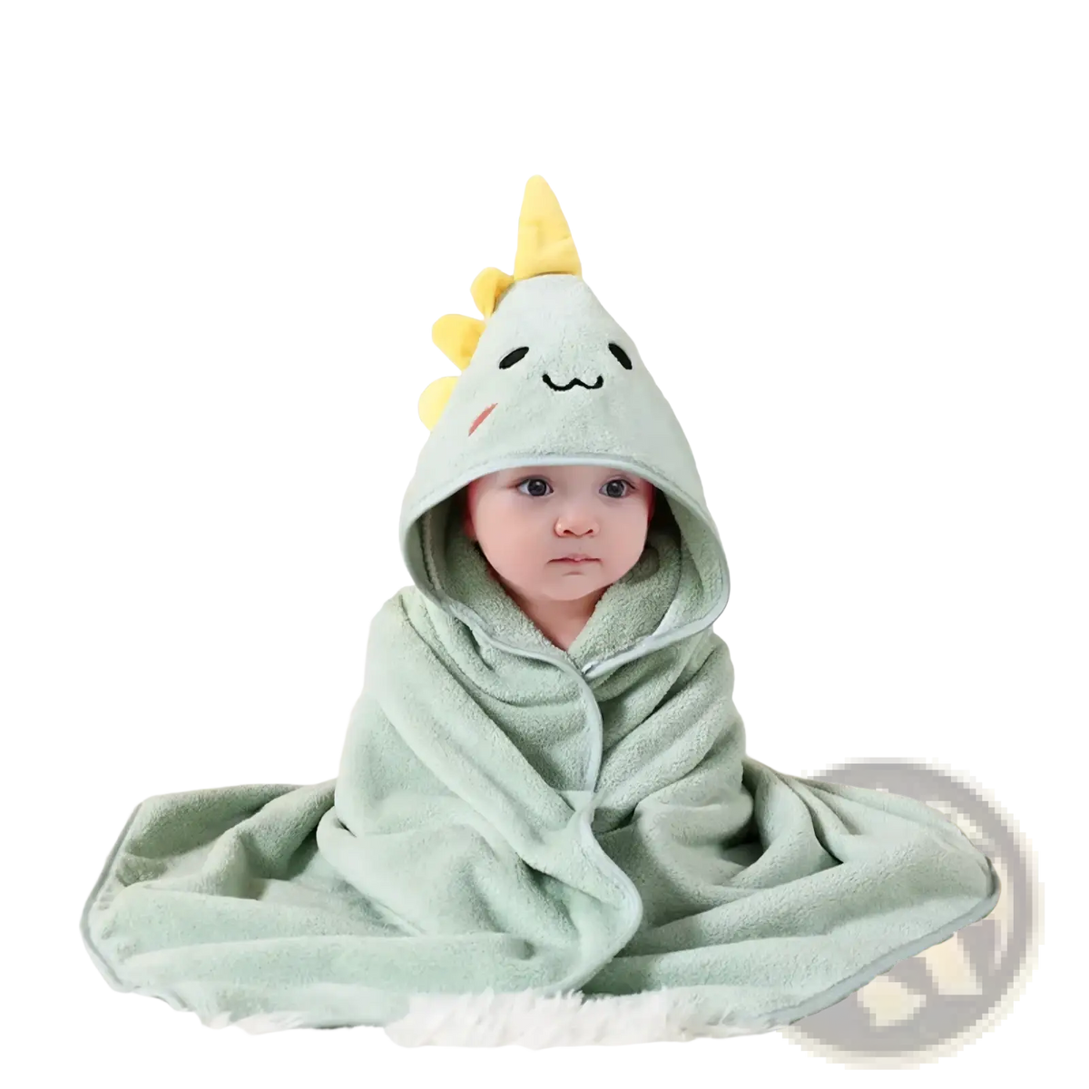 Plush animal hooded baby bathrobe and towel in mint green with yellow dinosaur spikes and a smiling face hood