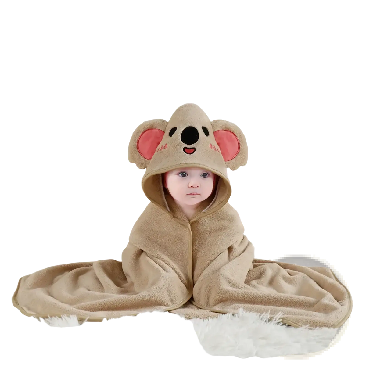 Soft tan koala-themed plush animal hooded baby bathrobe and towel with pink inner ears and embroidered face features