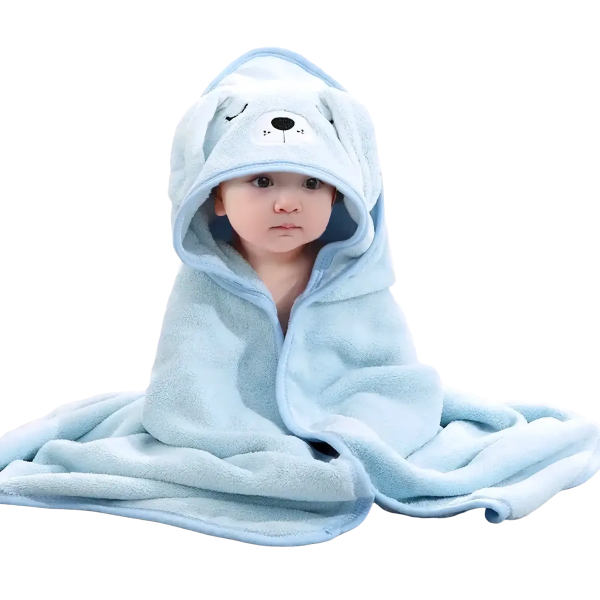 Light blue plush hooded baby bathrobe and towel with embroidered dog face design for infant bath use