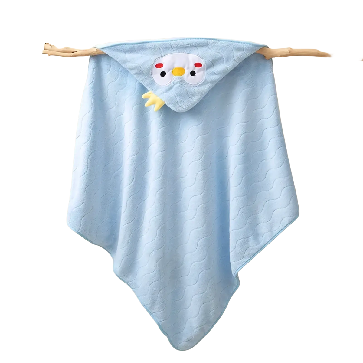 Light blue quilted hooded baby bathrobe and towel with white owl face featuring red eyes and yellow beak