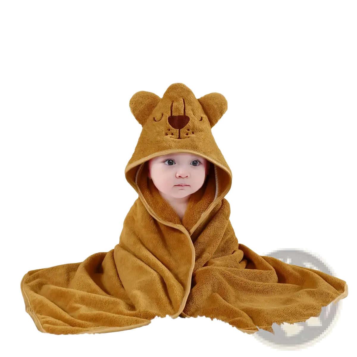 A soft golden brown plush animal hooded baby bathrobe and towel with a cute bear face design on the hood