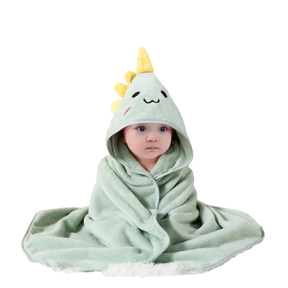 Plush animal hooded baby bathrobe and towel in mint green with yellow dinosaur spikes and a smiling face hood