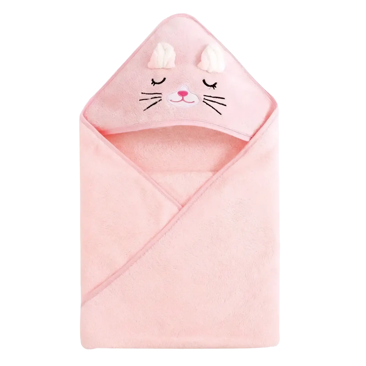 Pink plush hooded baby bathrobe and towel with embroidered cat face white ears black whiskers and pink nose