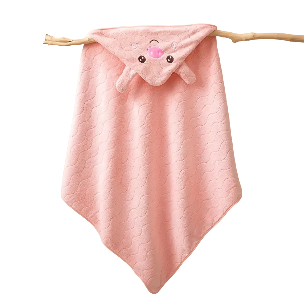Plush animal hooded baby bathrobe and towel in pink quilted wave pattern with embroidered pig face hood for infants
