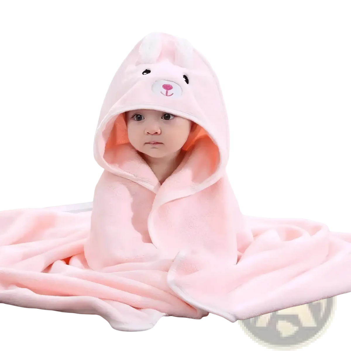 Pink bunny-themed hooded baby bathrobe and towel made of soft plush material with embroidered facial features