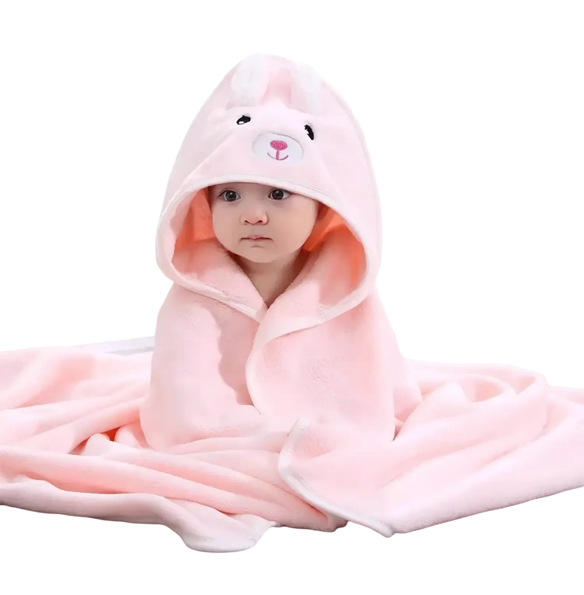 Pink bunny-themed hooded baby bathrobe and towel made of soft plush material with embroidered facial features