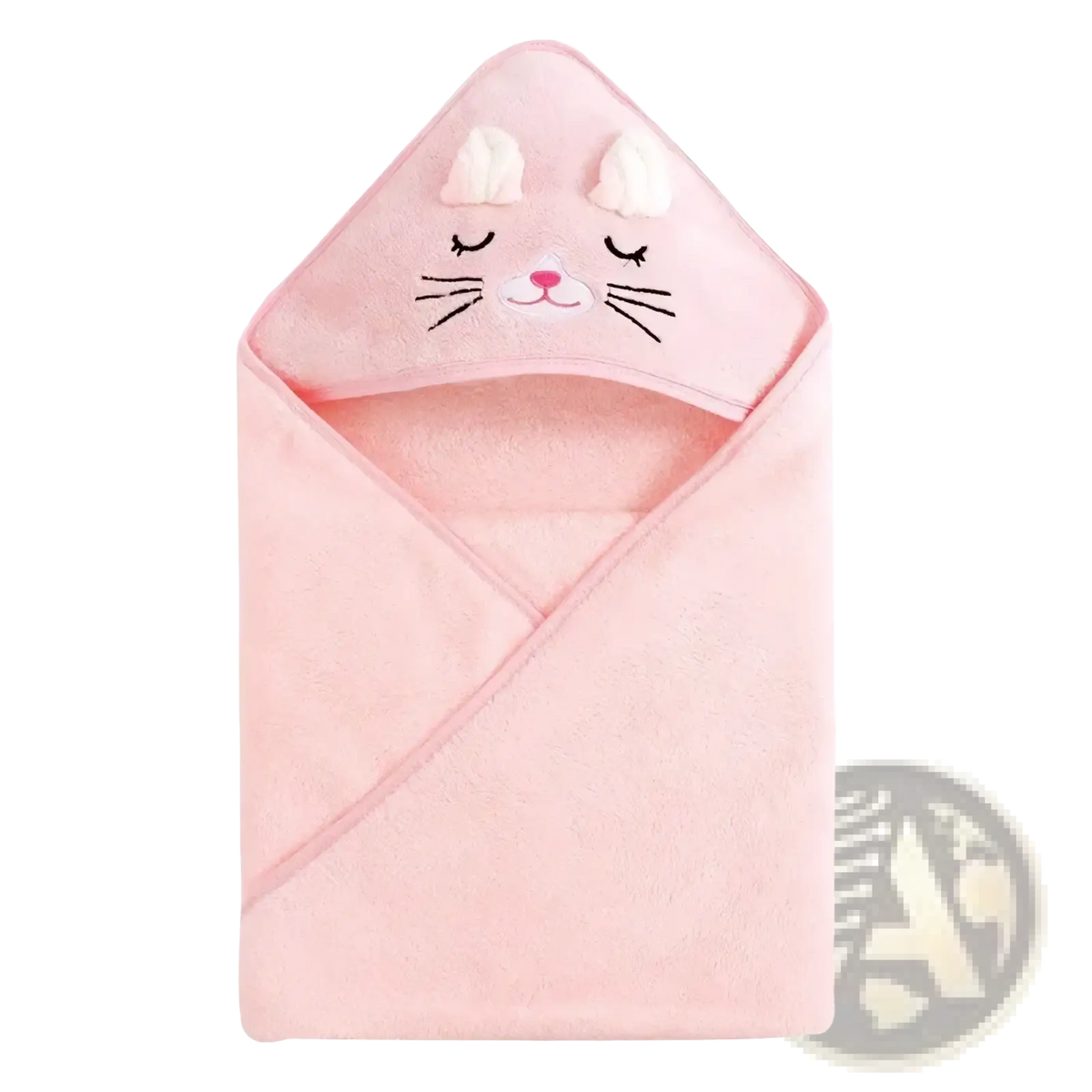 Pink plush hooded baby bathrobe and towel with embroidered cat face white ears black whiskers and pink nose