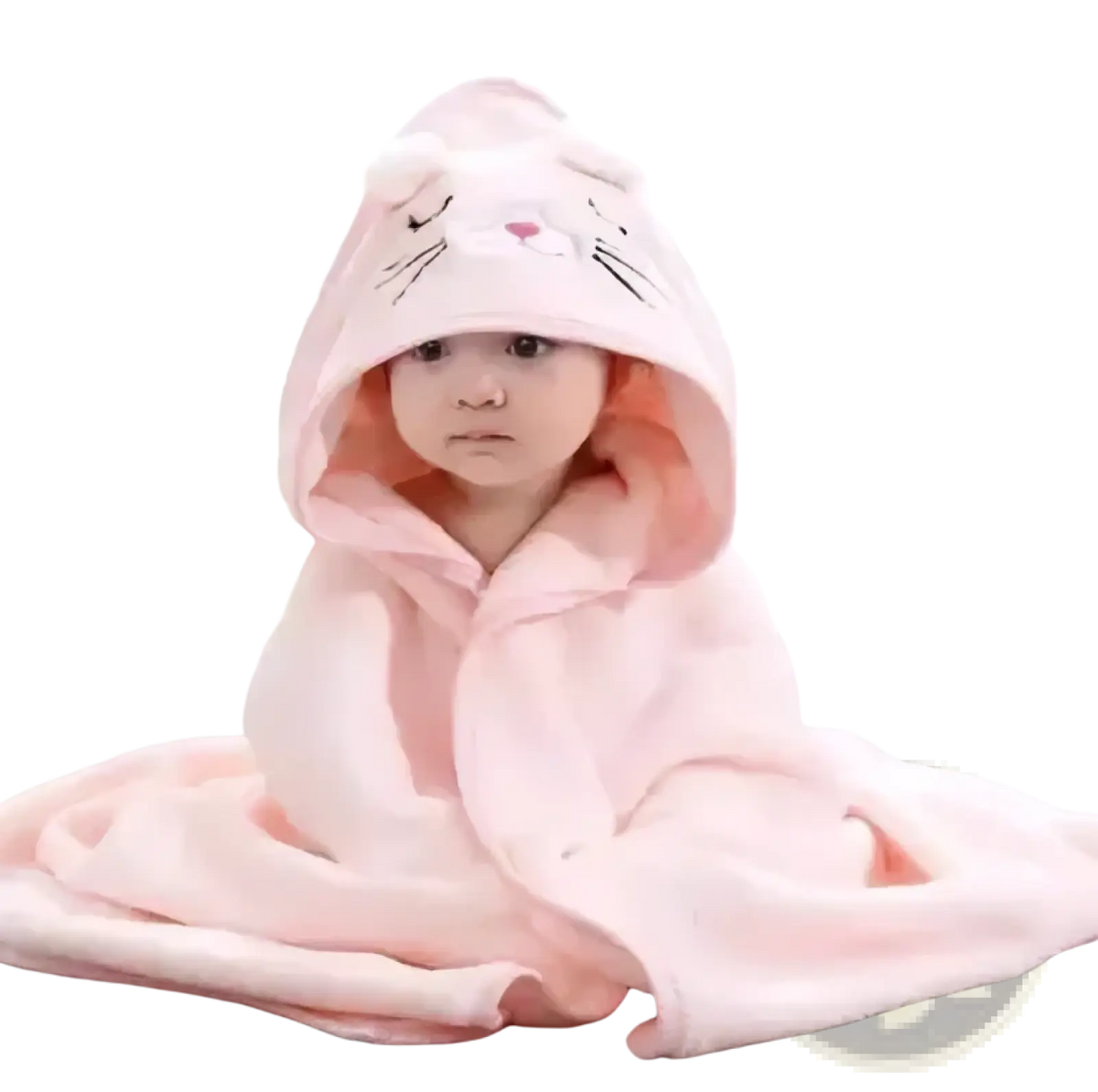 A soft pink plush animal hooded baby bathrobe with a cute cat face design on the hood for cozy comfort