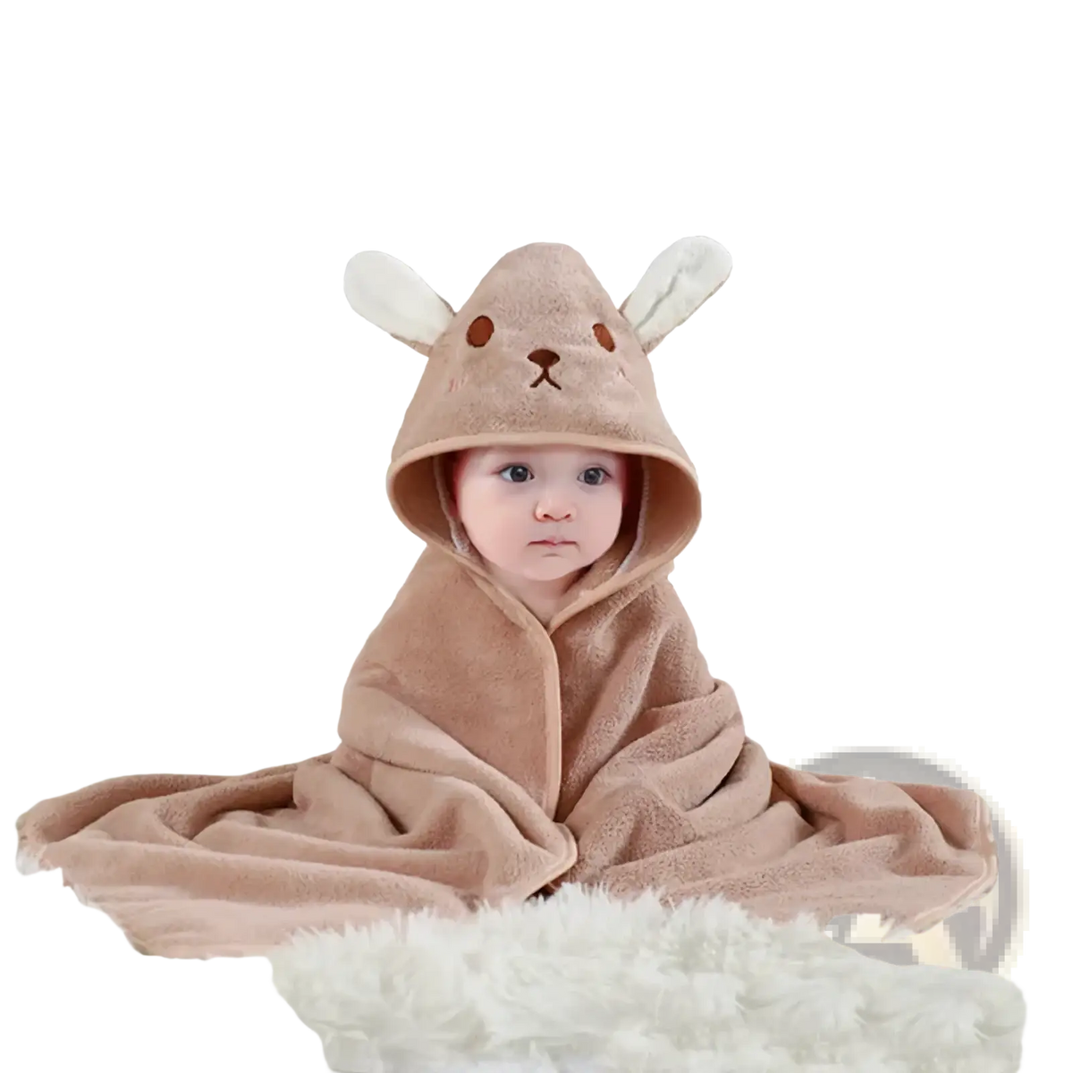 A soft tan plush animal hooded baby bathrobe and towel with rabbit ears and embroidered facial features